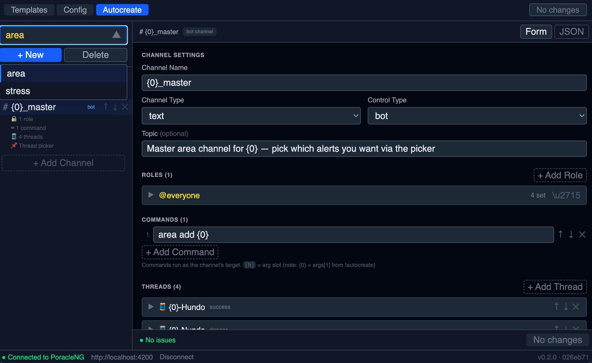 Auto-create editor showing the template tree on the left and channel form fields on the right