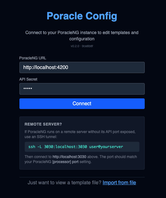 Poracle Config connection screen