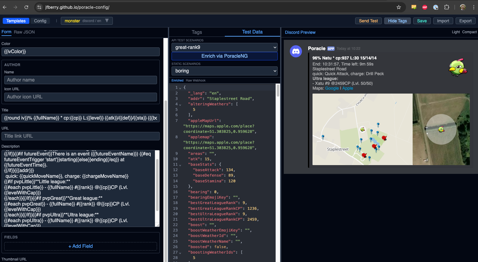 DTS editor with form fields, test data, and Discord preview